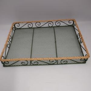 Decor Green Wire & Woven Wicker Rectangle Basket Tray 13"L X 11"W X 1  1/2"H